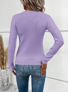 SHEIN LUNE Solid Color Round Neck Rib-Knit Sweater,Long Sleeve Tops - Mauve Purple - View 2