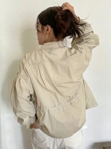 FRIFUL Women's Drawstring Waist Baseball Collar Jacket,Fall Clothes - Beige - View 5
