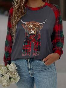 SHEIN LUNE Sudadera De Manga Raglán Con Estampado De Cuadros Y De Animales En Tallas Grandes - Multicolor - Ver 1