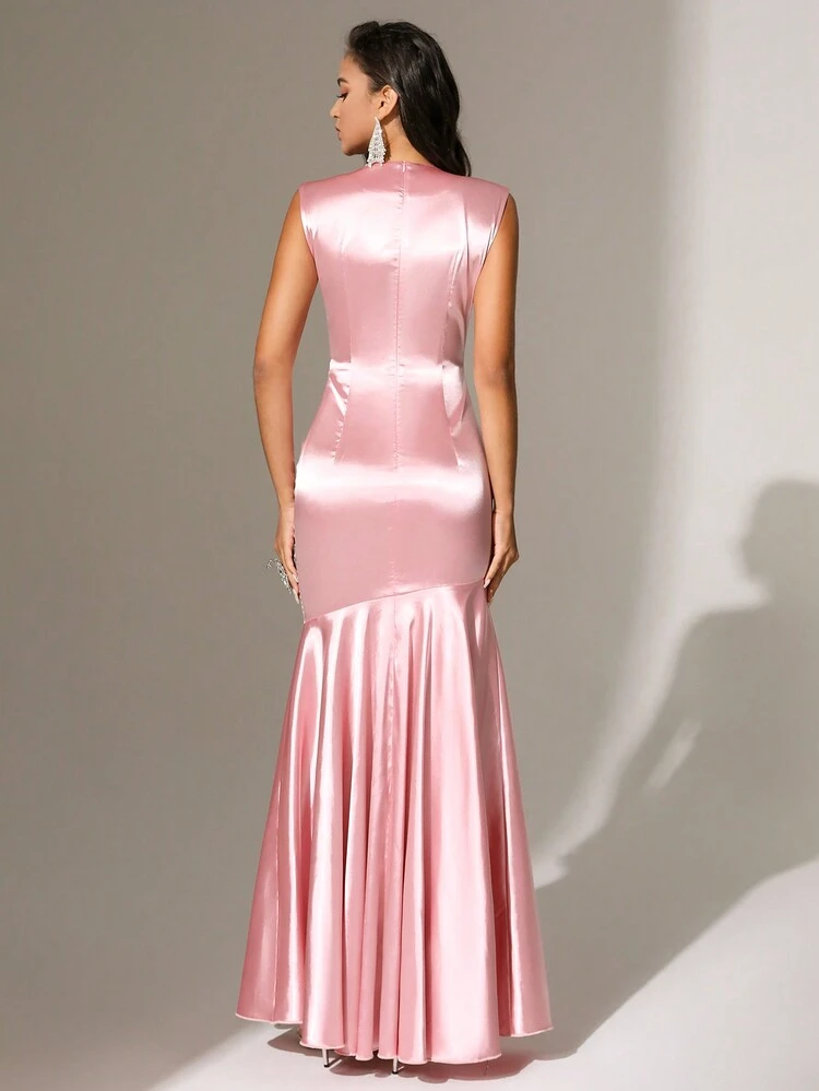 Solid Color Hollow Out Drawstring Fish Tail Hem Dress