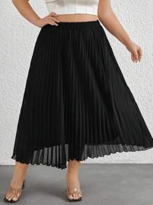 SHEIN Privé 大尺碼女士優雅褶皺雪紡a字裙,適合春夏旅行 - 黑色 - 查看 1