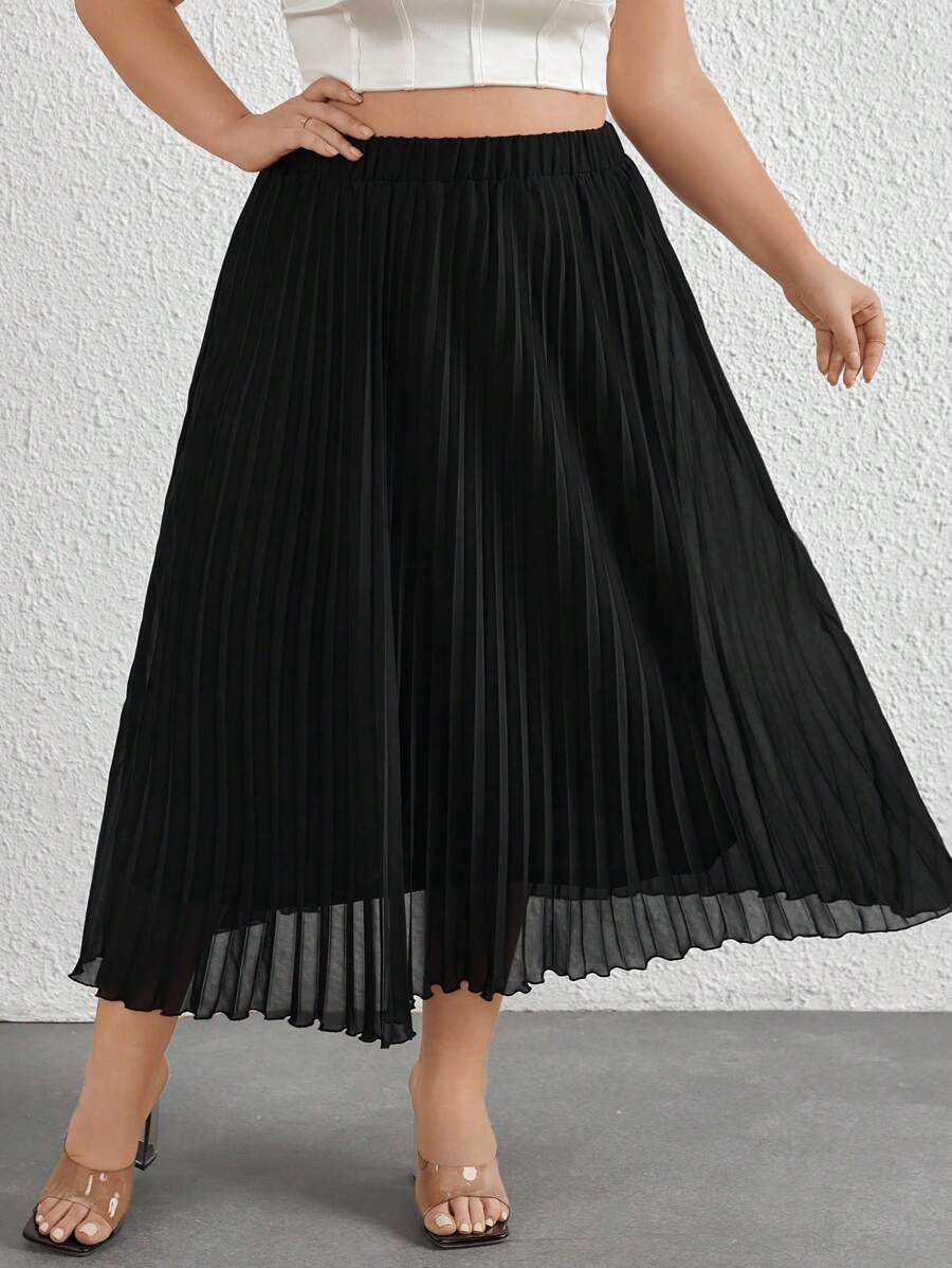 SHEIN Privé 大尺碼女士優雅褶皺雪紡a字裙,適合春夏旅行 - 黑色 - 查看 1