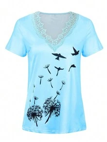 女性鑲邊圓領鷹和蒲公英印花t恤 - 淺藍色 - 查看 8