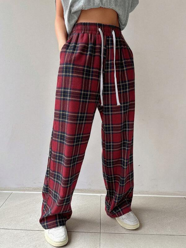 DAZY Plaid Drawstring Waist Pants,Back To School Clothes