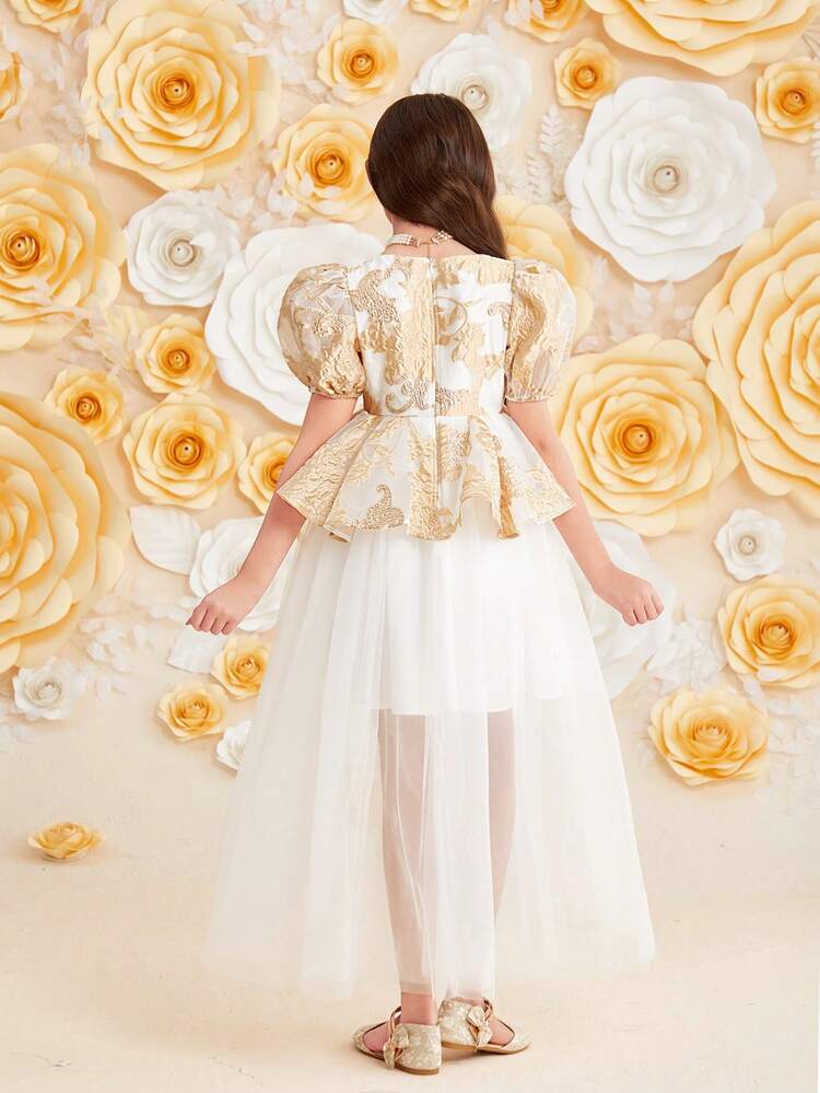 Tween Girls' Loose Cute Jacquard Mesh Round Neck Puff Sleeve Long Dress