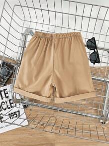 SHEIN Young Boy Casual Solid Woven Rolled Hem Shorts - Khaki - View 2