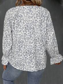 SHEIN LUNE 大碼印花繫帶領荷葉袖襯衫 - 彩色 - 查看 2