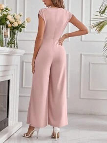 SHEIN Clasi Einfarbiger Rundhalsausschnitt Plissierten Weites Bein Jumpsuit Mit Schrägen Taschen
