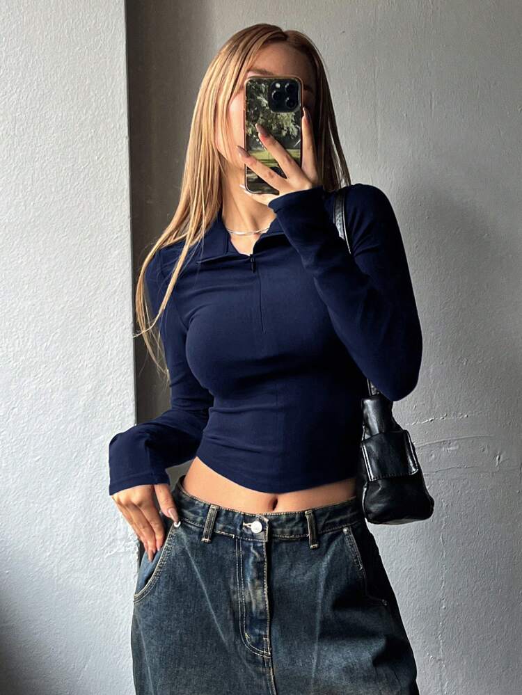 Ladies' Solid Color Half Zip Long Sleeve T-Shirt