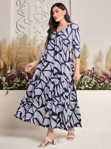 Seusyu Full Printed V-Neck Dress With Ruffle Hem - Multicolor - View 6