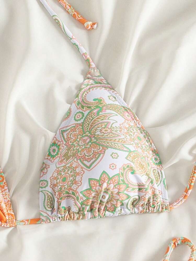 Women's Random Printed Knot & Side Tie Bikini Set, String Bikini Swimwear Bathing Suit Beach Outfit Summer Vacation
