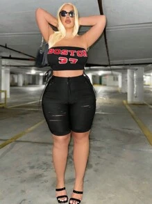 SHEIN SXY Plus Size Letter & Number Printed Bandeau Top With Ties