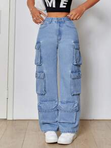 SHEIN PETITE Chân thẳng Cargo Denim Quần jean - Rửa nhẹ - Xem 3