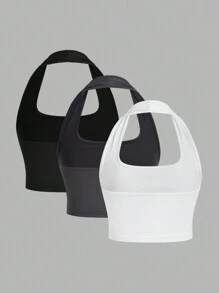 SHEIN EZwear 3 件套黑色、白色、灰色休闲短款露背背心，适合女士夏季穿着 - 彩色 - 查看 2