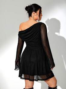 SHEIN ICON Plus Ruched Asymmetrical Shoulder Flare Hem Dress - Dark Grey - View 6