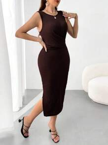 Flirla Robe Midi Avec Encolure Ronde Pour Femmes De Grande Taille, Sans Manches, Avec Croisement À La Taille Cintrée Et Fente Latérale - Marron - Voir 2