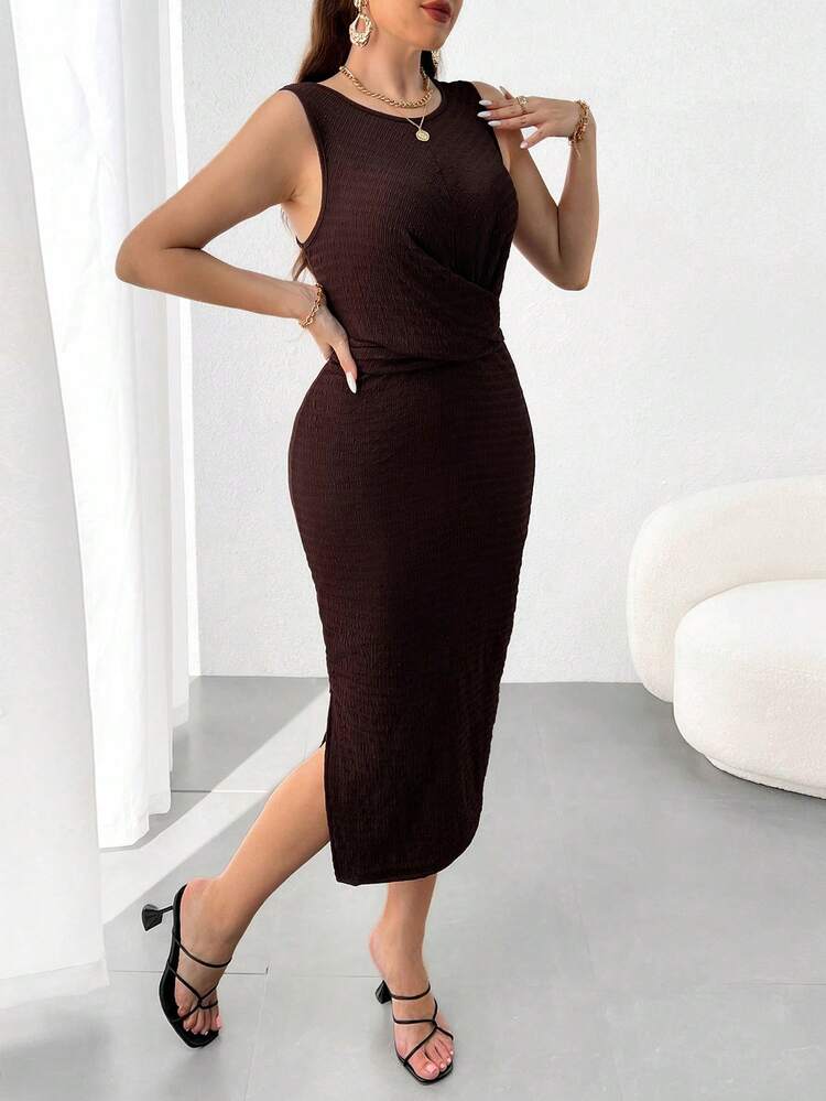 Plus Size Women's Round Neck Sleeveless Cross Front Cinched Waist Side Slit Midi Dress