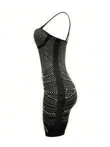 Women's Bubble Bead Spaghetti Strap Bodycon Dress With Built-In Cup - Black - View 4