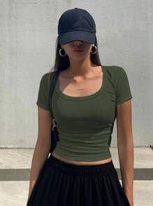 DAZY 女款純色圓領短袖T恤短版上衣 - 軍綠色 - 查看 5