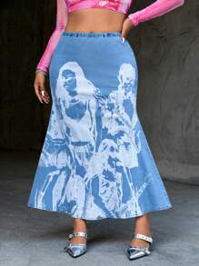 SHEIN ICON Plus Size Women's Y2k Street Style Printed Denim Long Mermaid Skirt With Butt Lifting Design - Light Wash - View 5