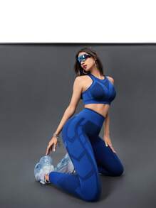 Innovista Bộ 2 món thể thao không đường may cho phụ nữ mùa hè/2 chiếc, Áo nâng ngực & Quần legging nâng mông, Bộ nữ, Bộ tập gym cho nữ, Bộ tập luyện - Màu xanh hải quân - Xem 4