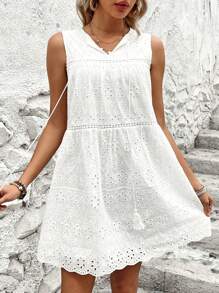 SHEIN VCAY Women's Sleeveless Burnout Floral Embroidery Dress With Ruffle Hem - White - View 1