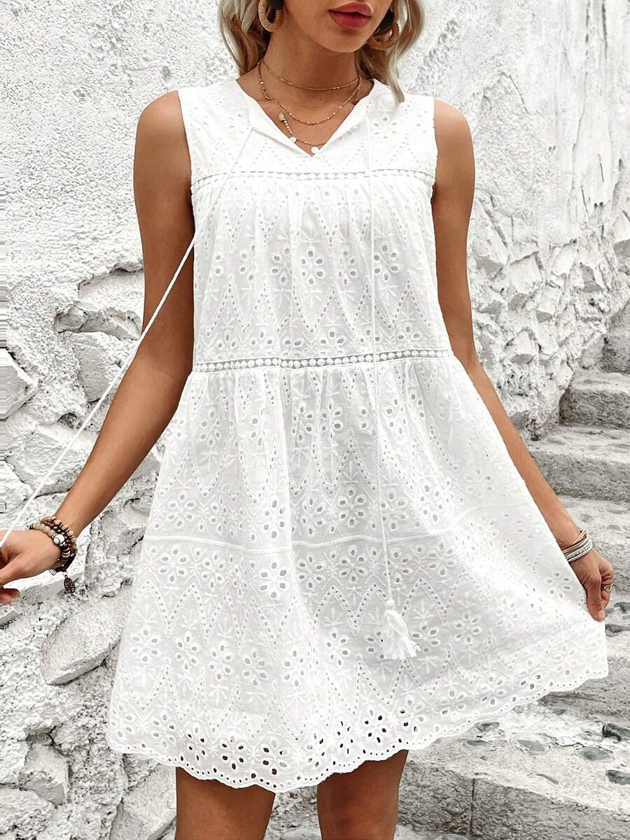 SHEIN VCAY Women's Sleeveless Burnout Floral Embroidery Dress With Ruffle Hem - White - View 1