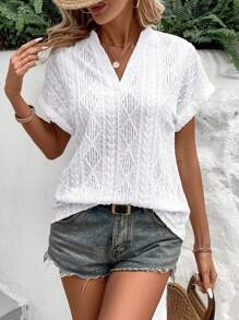 EMERY ROSE Women's Short Sleeve Batwing Top With Notch V-Neckline - White - View 6