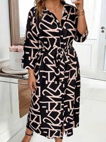 SHEIN LUNE 加大码全印花系腰带衬衫裙长款女装 - 彩色 - 查看 1