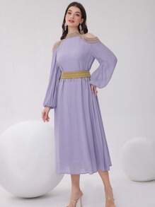 Modelyn Vestido largo de noche para mujer con hombros descubiertos, decoración de cinta tejida y conchas