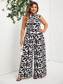 SHEIN Lady Bộ đồ liền thân không tay họa tiết bất đối xứng có túi dành cho phụ nữ ngoại cỡ - Đen và trắng - Xem 3