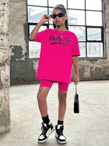 SHEIN Leap Crew Cô gái Tween Mát mẻ Phong cách đường phố Mùa xuân/Mùa hè Đan Cổ thuyền viên Lá thư In Ngắn tay Áo thun Và Bộ quần short - Màu Hồng Tươi - Xem 3