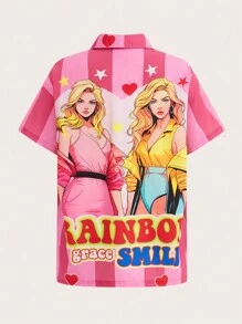 SHEINNeu 有趣的多巴胺漫畫印花襯衫夏季款