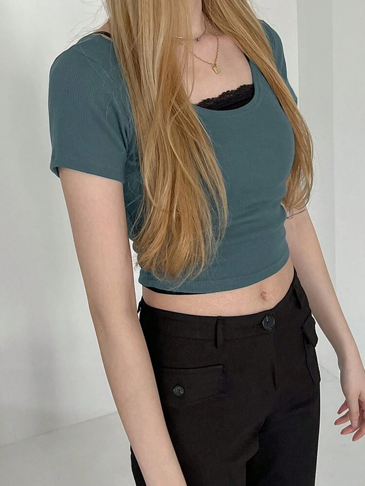 Women's Round Neck Crop Top Short Sleeve T-Shirt