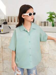 SHEIN Tween Girl的編織寬鬆版型休閒短袖衫,帶字母印花 - 薄荷綠 - 查看 2