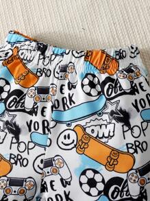 2 cái/bộ Em bé Con trai Mùa hè , Bao gồm A Áo vest Và A Áo thun Với Bóng đá , Viết tháu , Ván trượt , Mặt , Và Fake Cái túi Mô hình , Và Quần short - Nhiều màu - Xem 5