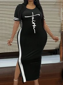 Maweii 女款字母條紋印花大尺碼修身連身裙 - 黑與白 - 查看 3