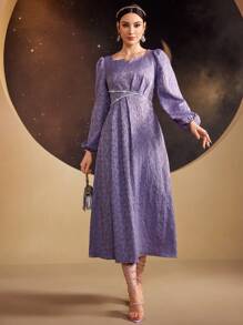 Modelyn Damen Jacquard Nagel Perlen verziertes Laternenkleider-Kleid, elegantes Abendkleid, lange Abendkleider - Violett - Übersicht 7