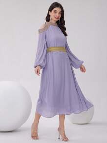 Modelyn Vestido largo de noche para mujer con hombros descubiertos, decoración de cinta tejida y conchas