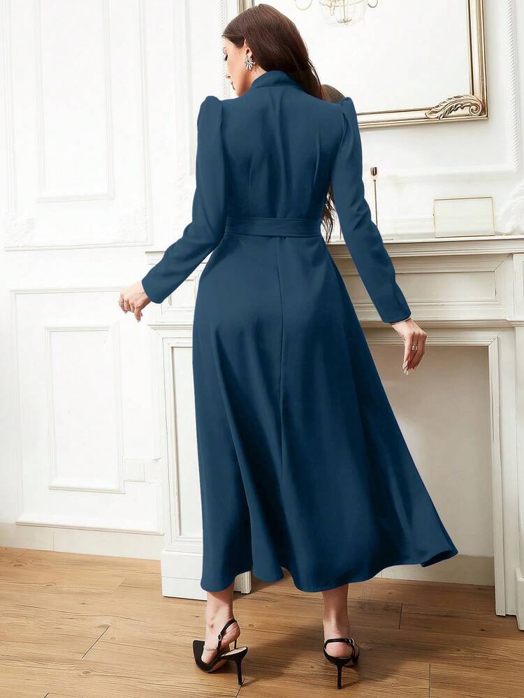 Solid Color Puff Sleeve Wrap Dress Long Evening Dresses
