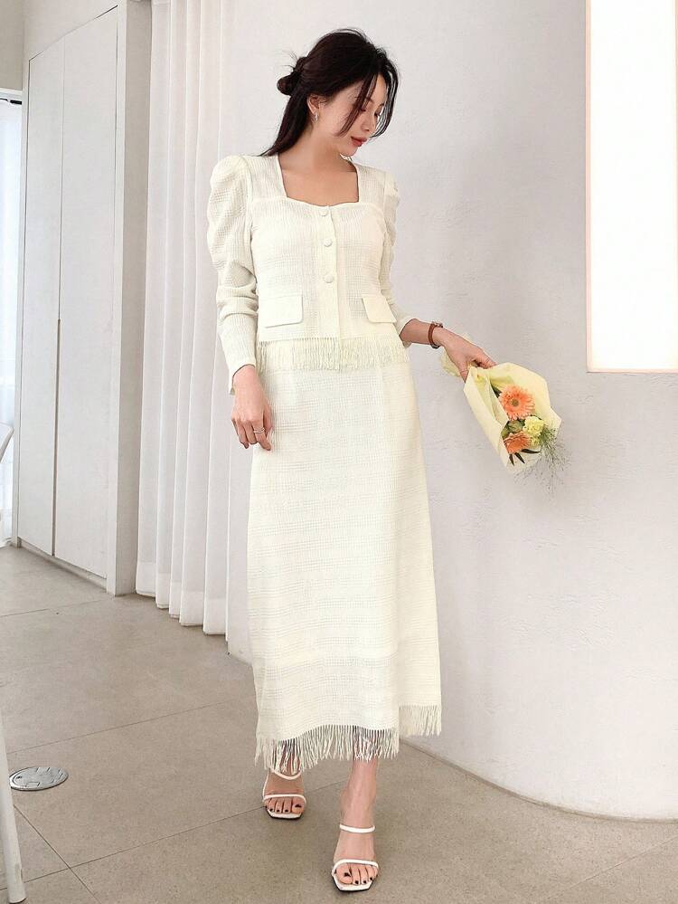 Women's Square Neckline Patchwork Fringe Hem Long Sleeve Top And Skirt Set, Women Two Pieces Sets