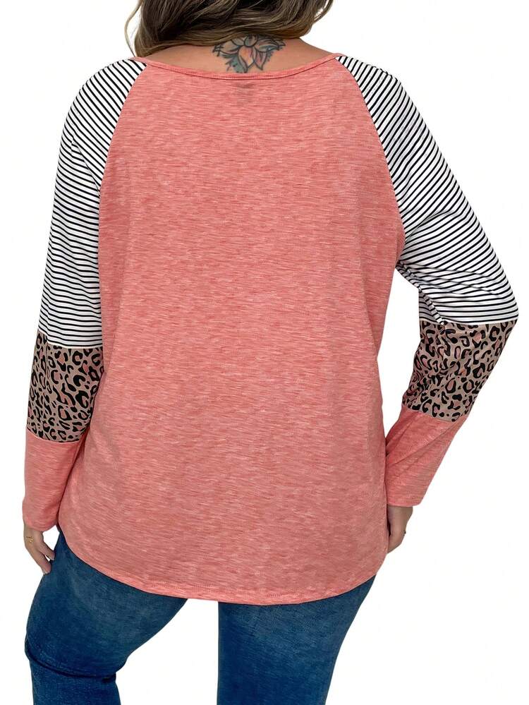 Plus Striped & Leopard Print Crisscross Front Raglan Sleeve Tee