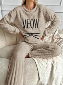 RueChic Letter Embroidery Drop Shoulder Flannel PJ Set - Apricot - View 1