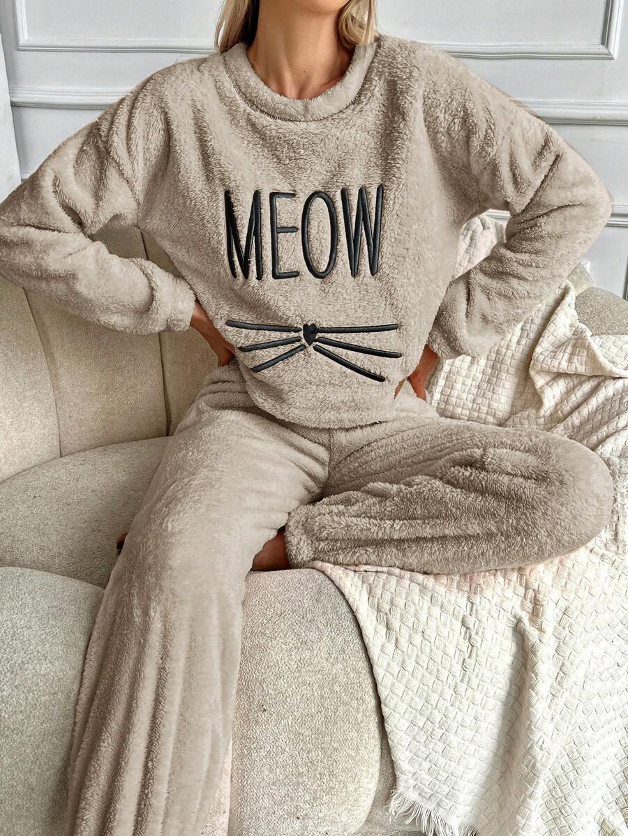 RueChic Letter Embroidery Drop Shoulder Flannel PJ Set - Apricot - View 1