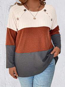 SHEIN LUNE Áo thun tay Raglan phối màu cỡ lớn có nút và họa tiết bất đối xứng dành cho nữ - Nhiều màu - Xem 1