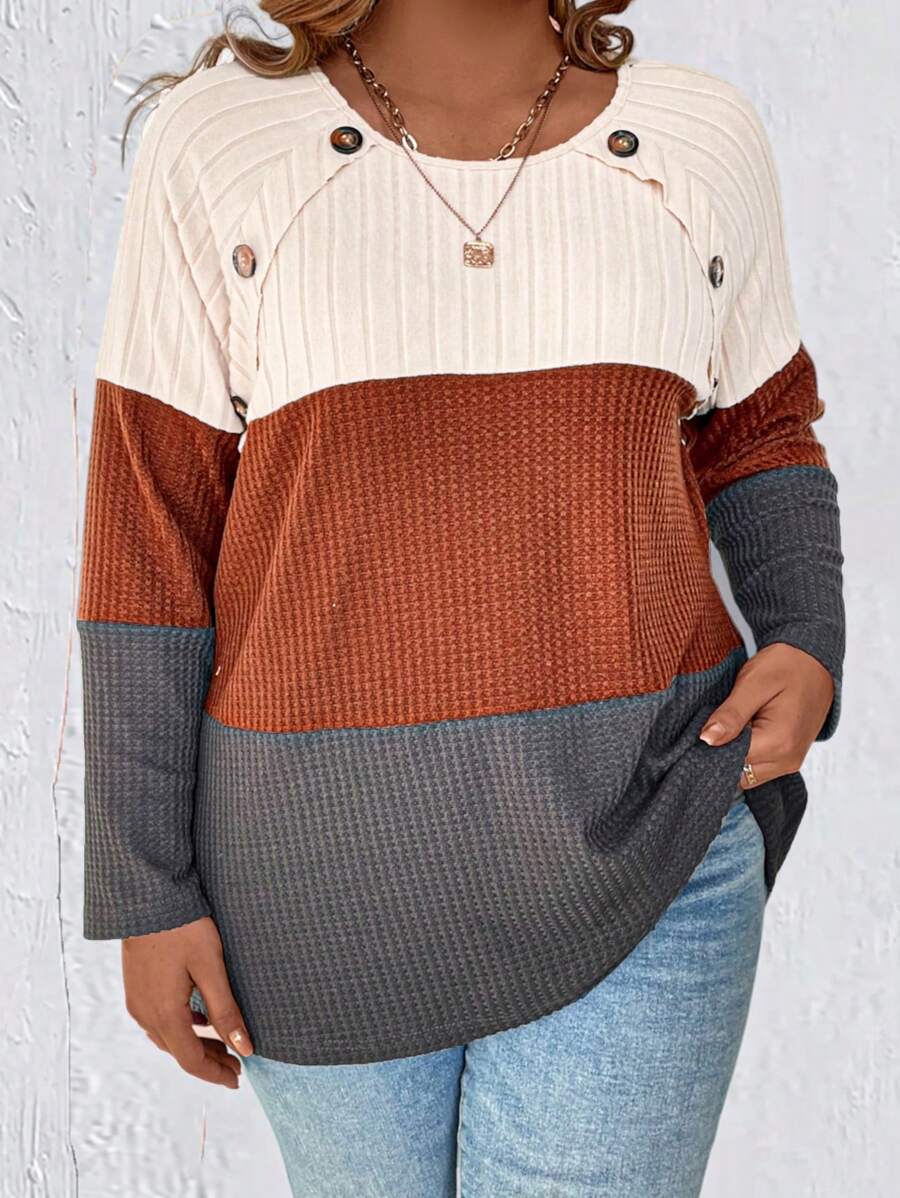 SHEIN LUNE Áo thun tay Raglan phối màu cỡ lớn có nút và họa tiết bất đối xứng dành cho nữ - Nhiều màu - Xem 1