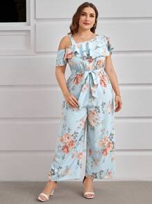SHEIN Clasi Summer Plus Size Wedding Floral Print Asymmetrical Collar Straight Jumpsuit - Baby Blue - View 5