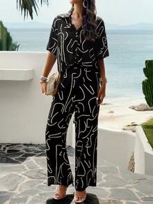 Vaiaye 女式夏季夏威夷波西米亚风热带海滩度假风格服装，超宽松休闲花瓣衬衫搭配宽松裤 - 黑色 - 查看 7