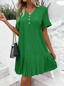 SHEIN LUNE Màu thuần Đầm Với Viền xếp Và Nút Chi tiết - màu xanh lá - Xem 6