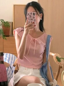 DAZY 女款純色領領帶細節 T 卹 - 粉色 - 查看 1